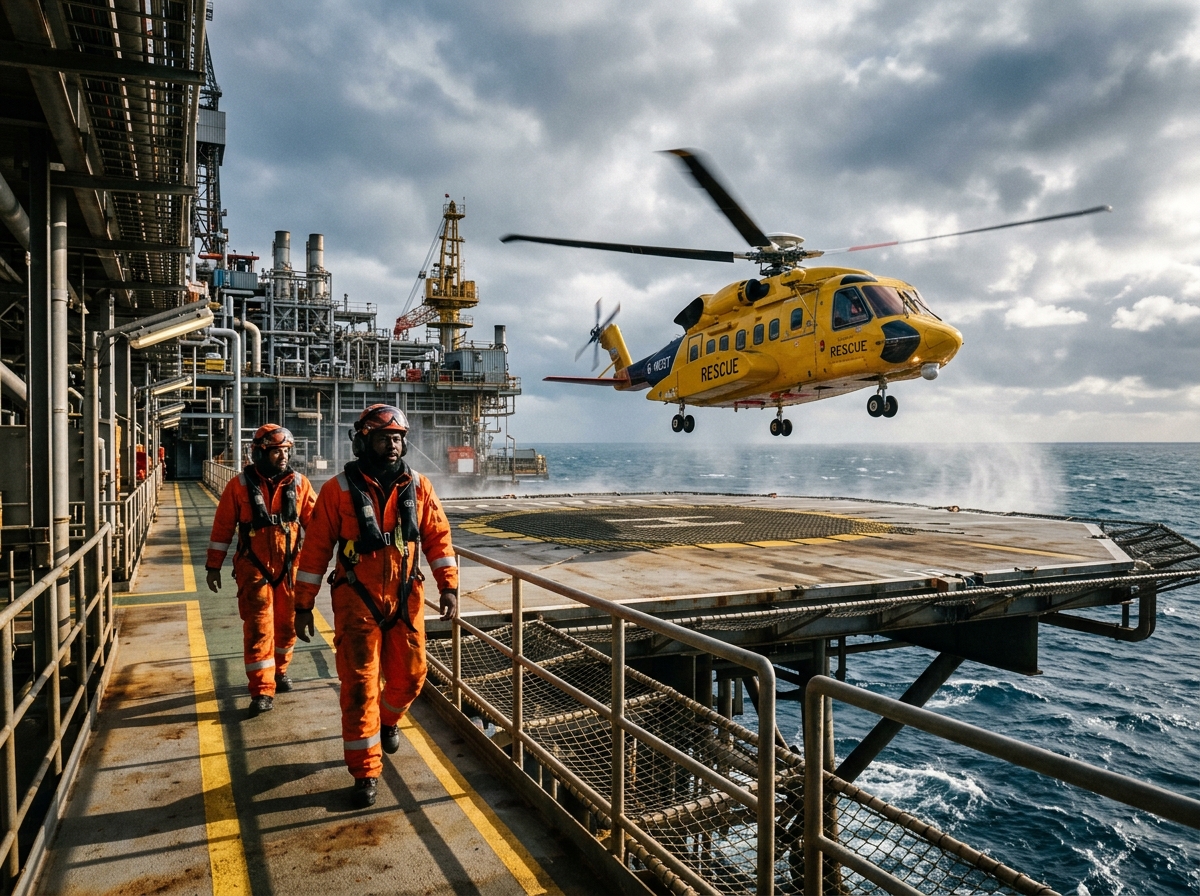 Mobilização de equipa via helicóptero — plataforma offshore