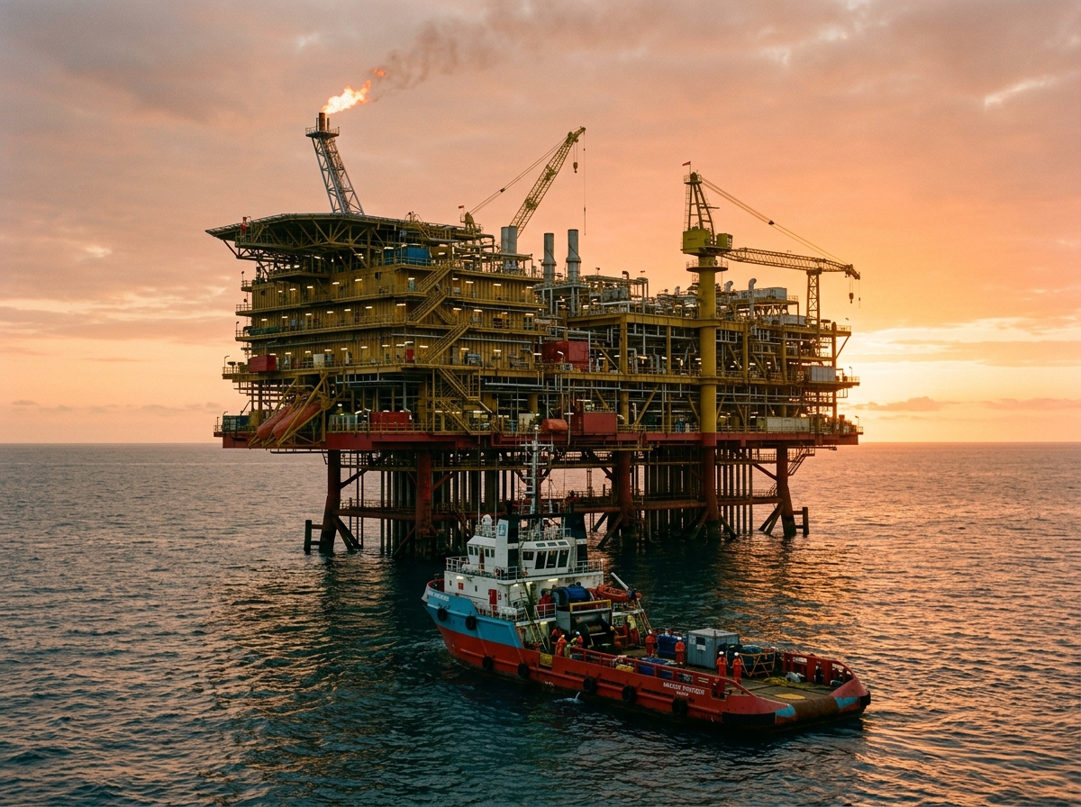 Plataforma de produção e barco de apoio em manobra
