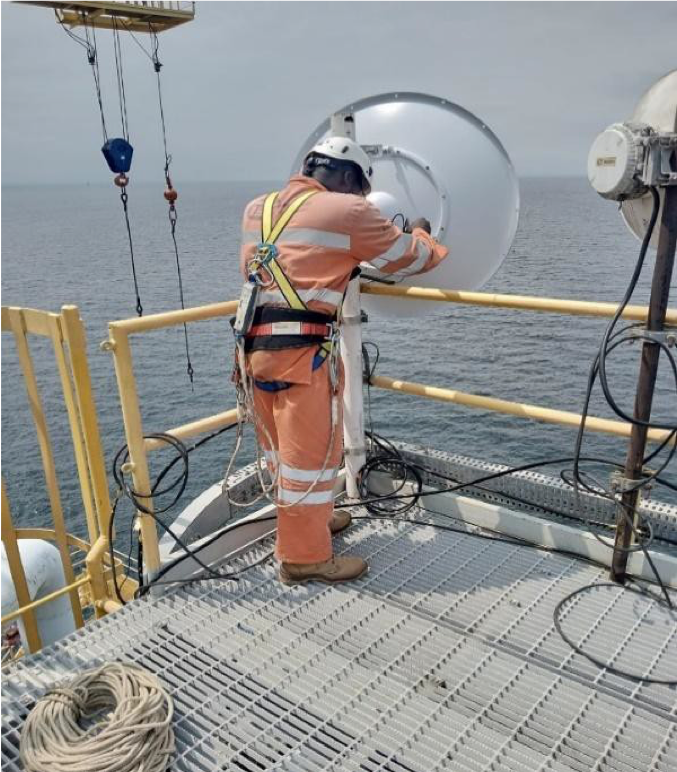 Alinhamento de VSAT marítimo no convés da plataforma